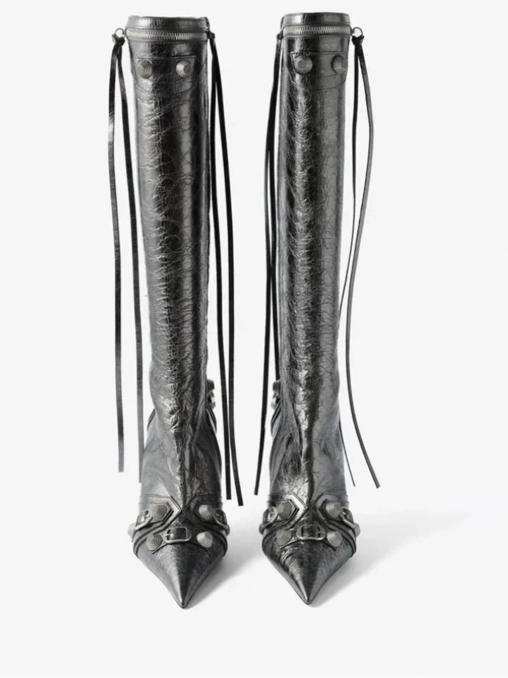 BALENCIAGA Le Cagole studded crinkled-leather knee boots